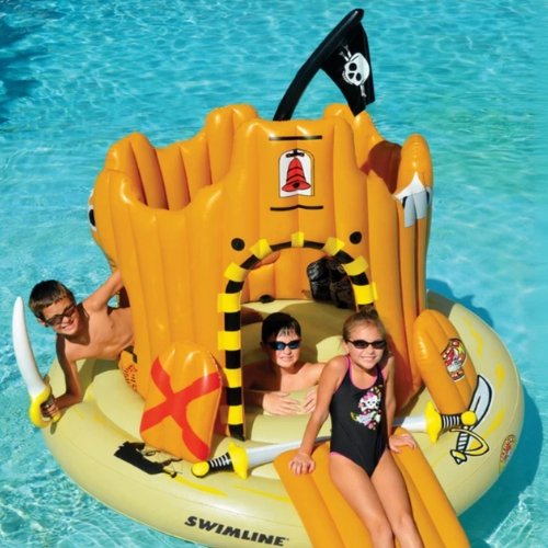 Pool Fountains, Accessories, Games, Floats, & More At Mr. Pool of Pasco & Crystal River 1 kids in a pirate floatie